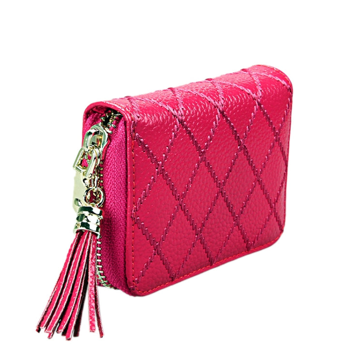 Genuine Cowhide Leather Grid Texture Zipper Card Holder Wallet RFID Blocking Card Bag Protect Case Coin Purse with Tassel Pendant & 15 Card Slots for Women, Size: 11.1*7.9*3.5cm(Coffee) - free shipping - PMC Jewellery - Order now!