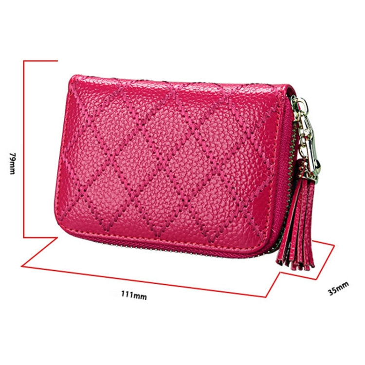 Genuine Cowhide Leather Grid Texture Zipper Card Holder Wallet RFID Blocking Card Bag Protect Case Coin Purse with Tassel Pendant & 15 Card Slots for Women, Size: 11.1*7.9*3.5cm(Coffee) - free shipping - PMC Jewellery - Order now!
