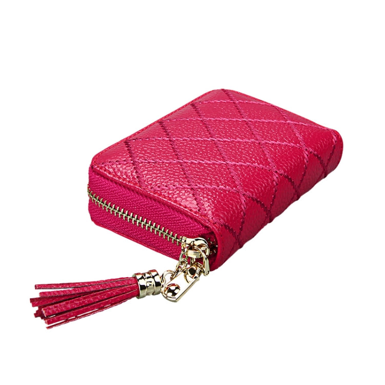 Genuine Cowhide Leather Grid Texture Zipper Card Holder Wallet RFID Blocking Card Bag Protect Case Coin Purse with Tassel Pendant & 15 Card Slots for Women, Size: 11.1*7.9*3.5cm(Pink) - Antimagnetic RFID Package by PMC Jewellery | Online Shopping South Africa | PMC Jewellery | Buy Now Pay Later Mobicred