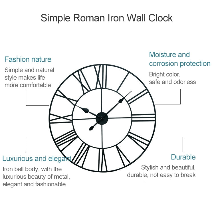 50cm Retro Living Room Iron Round Roman Numeral Mute Decorative Wall Clock (Black) - Wall Clock by PMc TechLife | Online Shopping South Africa | PMc TechLife | Buy Now Pay Later Mobicred