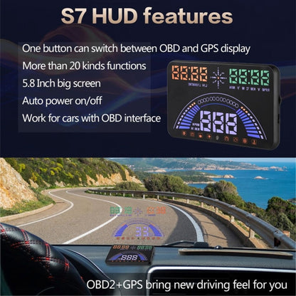 S7 5.8 inch Car GPS HUD / OBD2 Vehicle-mounted Gator Automotive Head Up Display Security System with Dual Display, Support Car Local Real Time & Real Speed & Turn Speed & Water Temperature & Oil Consu ... peed Alarm, Mile Switching, Light Sensor Functions - Head Up Display System by PMC Jewellery | Online Shopping South Africa | PMC Jewellery | Buy Now Pay Later Mobicred