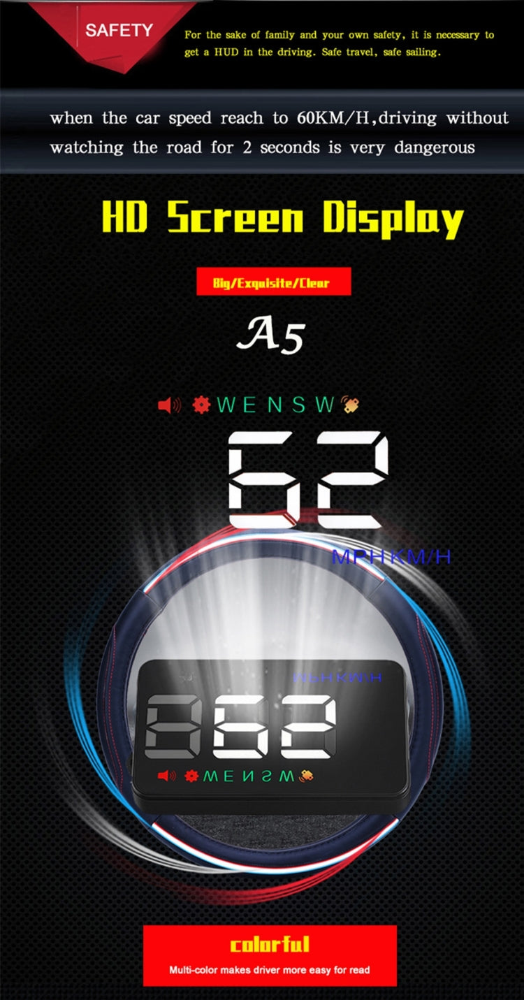 Geyiren A5 HUD 3.5 inch Car Head Up Display with GPS System, Two Mode Display, Light Sensors, KM/h MPH Speed, Compass, Speed Alarm(Black) - Head Up Display System by PMC Jewellery | Online Shopping South Africa | PMC Jewellery | Buy Now Pay Later Mobicred