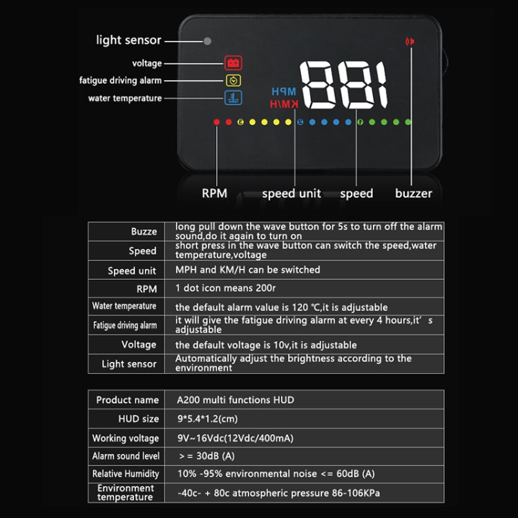 A200 OBD2 3.5 inch Vehicle-mounted Head Up Display Security System, Support Car Speed / Engine Revolving Speed Display / Water Temperature / Voltage - Head Up Display System by PMC Jewellery | Online Shopping South Africa | PMC Jewellery | Buy Now Pay Later Mobicred