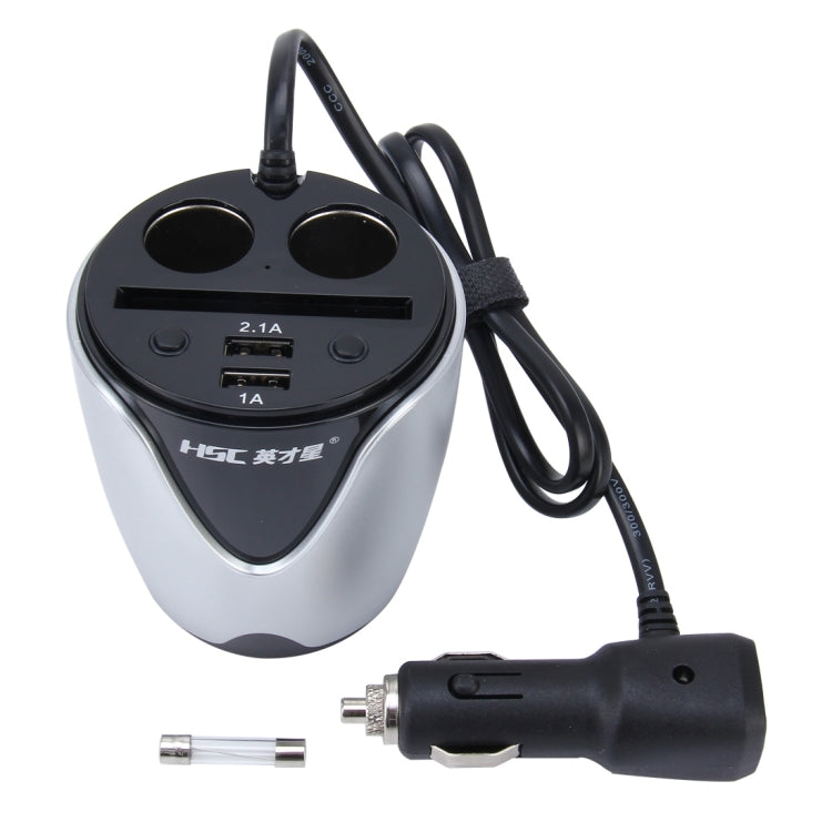 HSC YC-19D Car Cup Charger 2.1A/1A Dual USB Ports Car 12V-24V Charger with 2-Socket Cigarette, Card Socket and LED Display(Silver) - Cigar Socket by PMC Jewellery | Online Shopping South Africa | PMC Jewellery | Buy Now Pay Later Mobicred