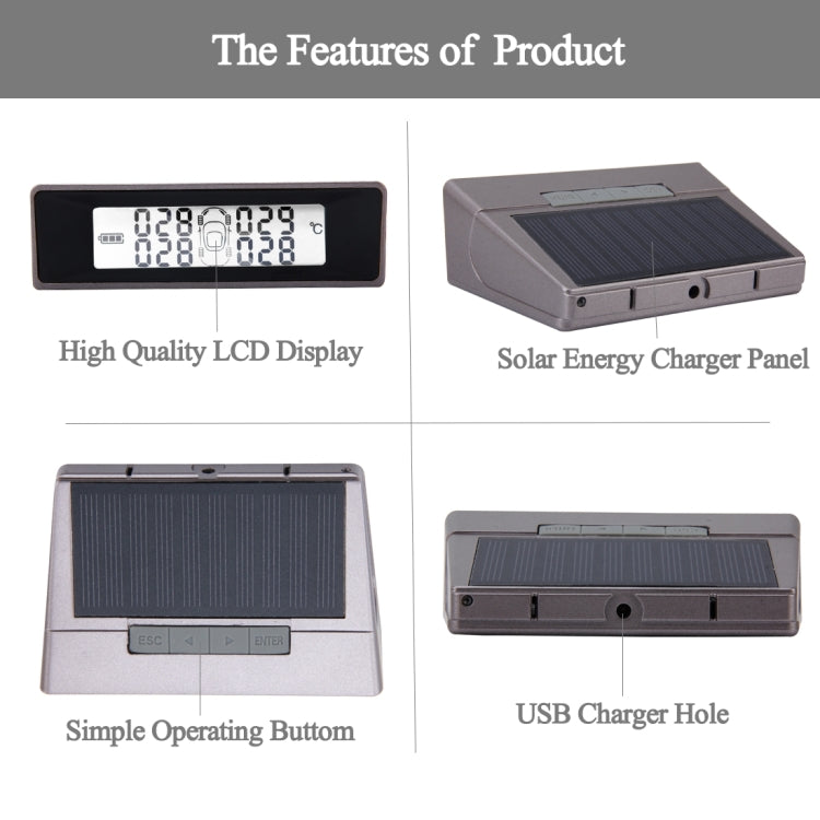 TPMS Car Auto Universal Tire Pressure Temperature Monitoring System USB Solar Power Monitor Wireless LCD Display 4 External Sensor Tire Pressure - Tire Pressure Gauges by PMC Jewellery | Online Shopping South Africa | PMC Jewellery