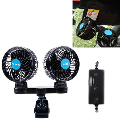 HUXIN HX-T605E 7W 360 Degree Adjustable Rotation Clip Two Head Low Noise Mini Electric Car Fan with Roller Switch, DC12V - Heating & Fans by PMC Jewellery | Online Shopping South Africa | PMC Jewellery | Buy Now Pay Later Mobicred