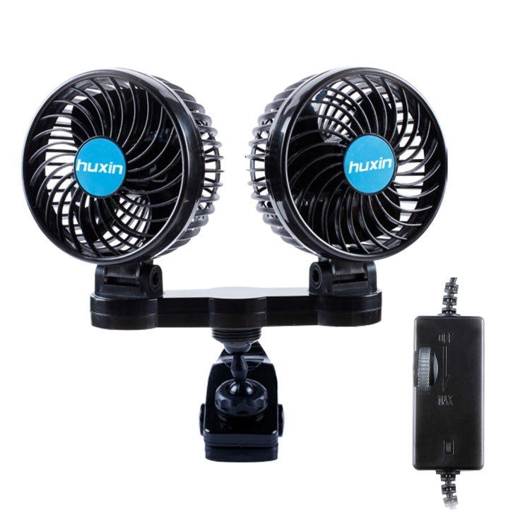 HUXIN HX-T605E 7W 360 Degree Adjustable Rotation Clip Two Head Low Noise Mini Electric Car Fan with Roller Switch, DC12V - Heating & Fans by PMC Jewellery | Online Shopping South Africa | PMC Jewellery | Buy Now Pay Later Mobicred