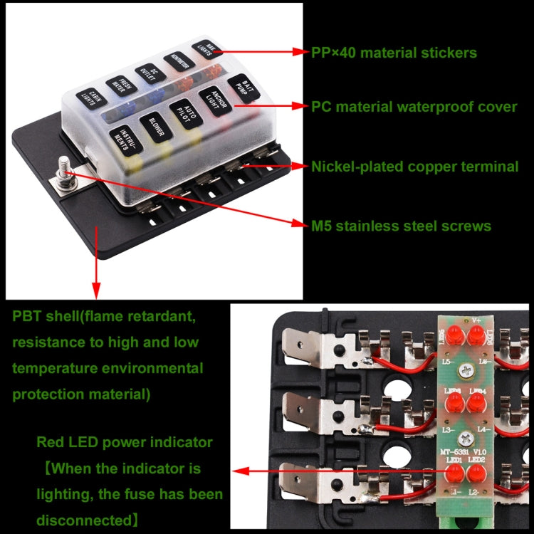 1 in 10 Out Fuse Box PC Terminal Block Fuse Holder Kits with LED Warning Indicator for Auto Car Truck Boat - Fuse by PMC Jewellery | Online Shopping South Africa | PMC Jewellery