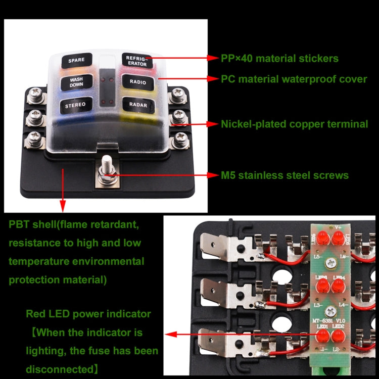 1 in 6 Out 6 Way Circuit Fuse Box Screw Terminal Section Fuse Holder Kits with LED Warning Indicator for Auto Car Truck Boat - Fuse by PMC Jewellery | Online Shopping South Africa | PMC Jewellery