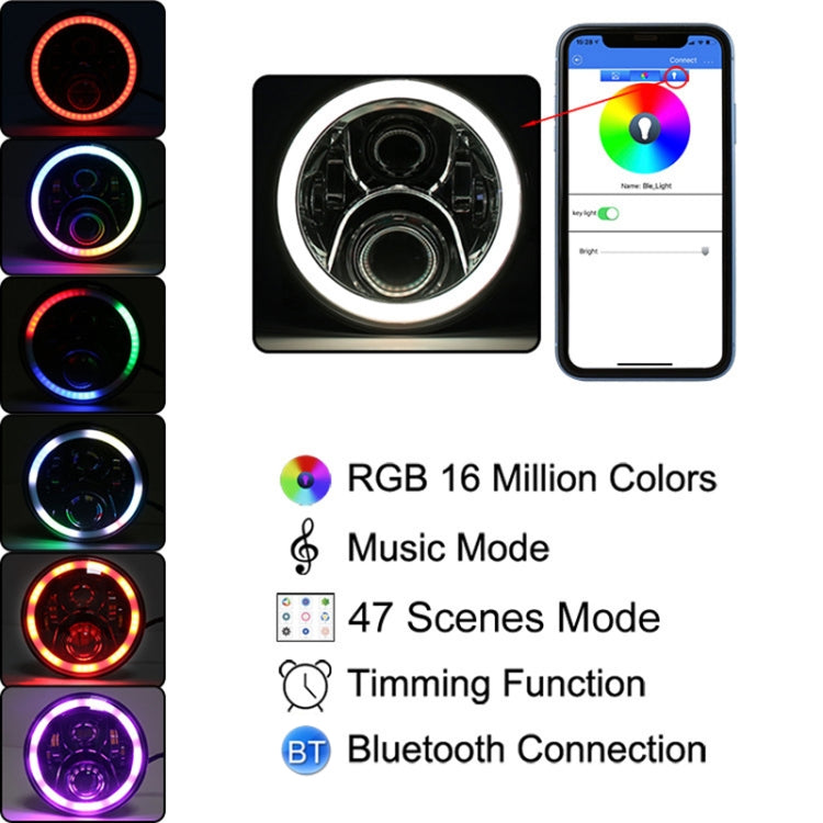 2 PCS 7 inch DC12V 6000K-6500K 50W Car LED Headlight Lamp Beads for Jeep Wrangler / Harley, Support APP + Bluetooth Control(Black) - Work Lights by PMC TechLife | Online Shopping South Africa | PMC TechLife | Buy Now Pay Later Mobicred