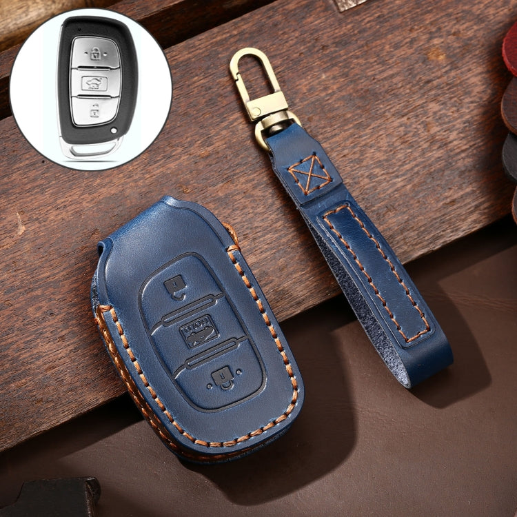 Hallmo Car Cowhide Leather Key Protective Cover Key Case for Hyundai IX35 A Style(Blue) - Car Key Cases by Hallmo | Online Shopping South Africa | PMC Jewellery | Buy Now Pay Later Mobicred