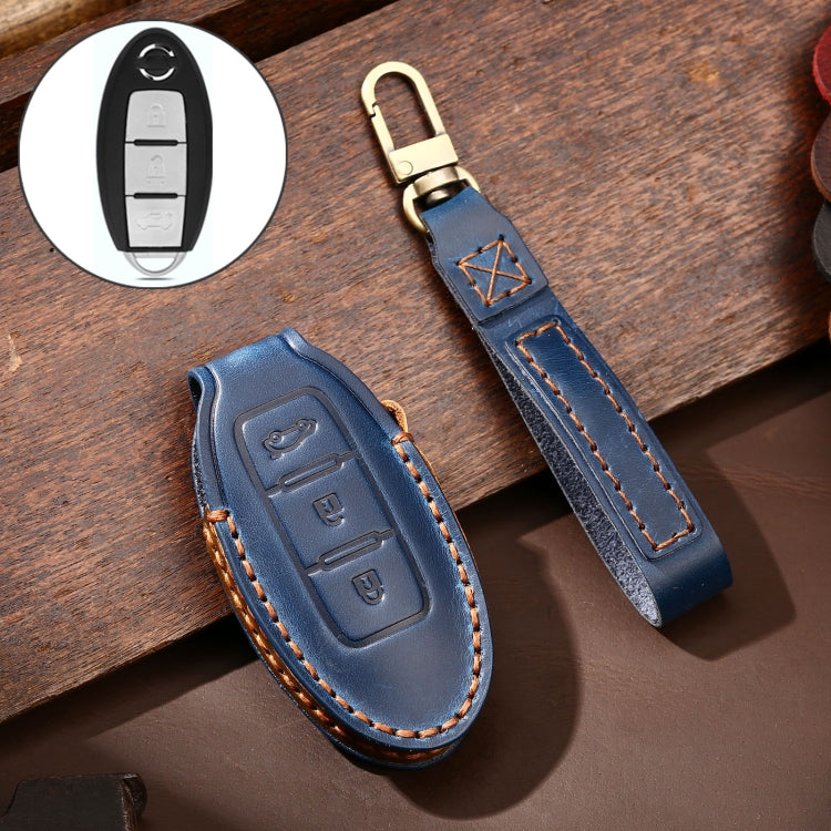 Hallmo Car Cowhide Leather Key Protective Cover Key Case for Nissan Sylphy 3-button Tail Box(Blue) - Car Key Cases by Hallmo | Online Shopping South Africa | PMC TechLife | Buy Now Pay Later Mobicred