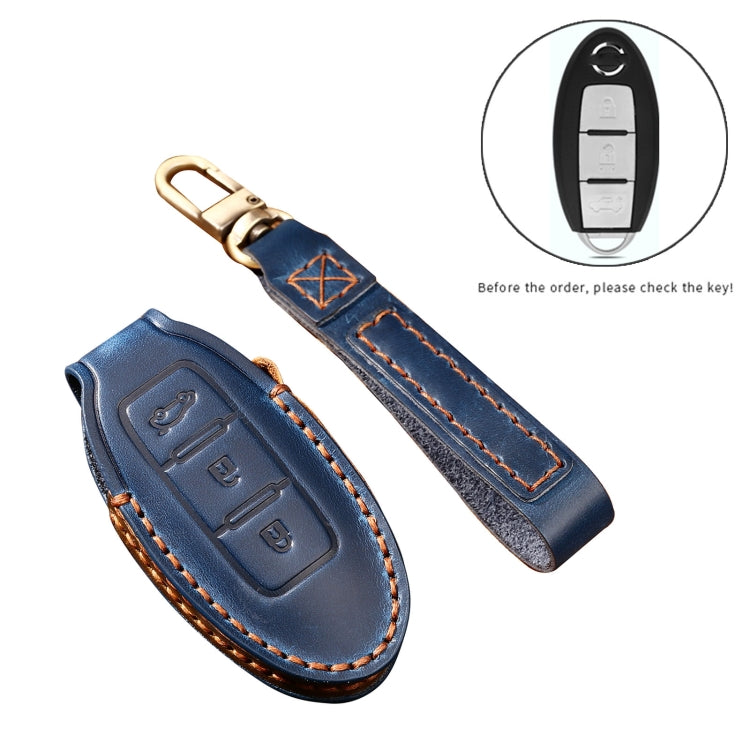 Hallmo Car Cowhide Leather Key Protective Cover Key Case for Nissan Sylphy 3-button Tail Box(Blue) - Car Key Cases by Hallmo | Online Shopping South Africa | PMC Jewellery | Buy Now Pay Later Mobicred