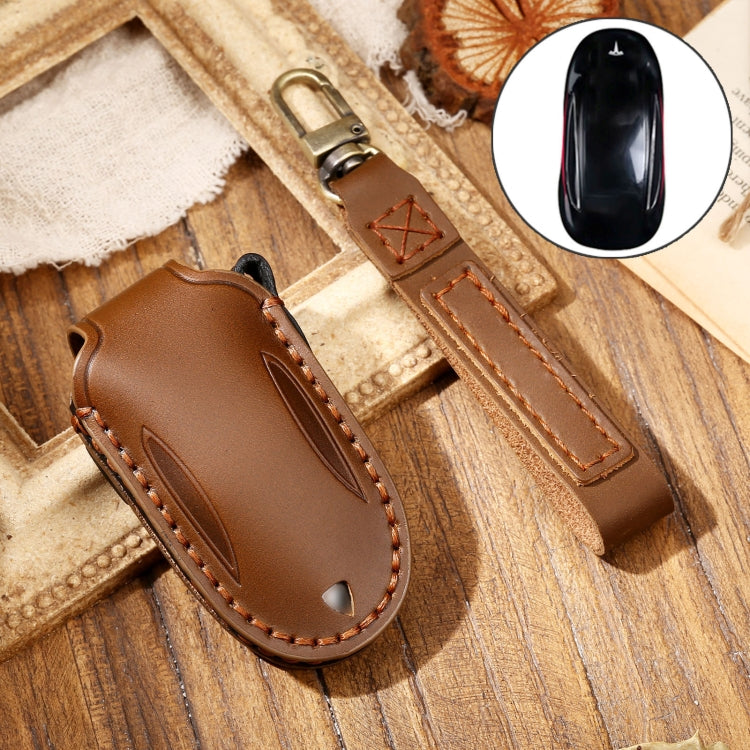 Hallmo Car Cowhide Leather Key Protective Cover Key Case for Tesla Model 3 / S A Style(Brown) - Car Key Cases by Hallmo | Online Shopping South Africa | PMC TechLife | Buy Now Pay Later Mobicred