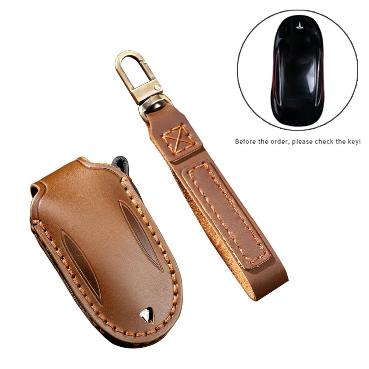 Hallmo Car Cowhide Leather Key Protective Cover Key Case for Tesla Model 3 / S A Style(Brown) - Car Key Cases by Hallmo | Online Shopping South Africa | PMC TechLife | Buy Now Pay Later Mobicred