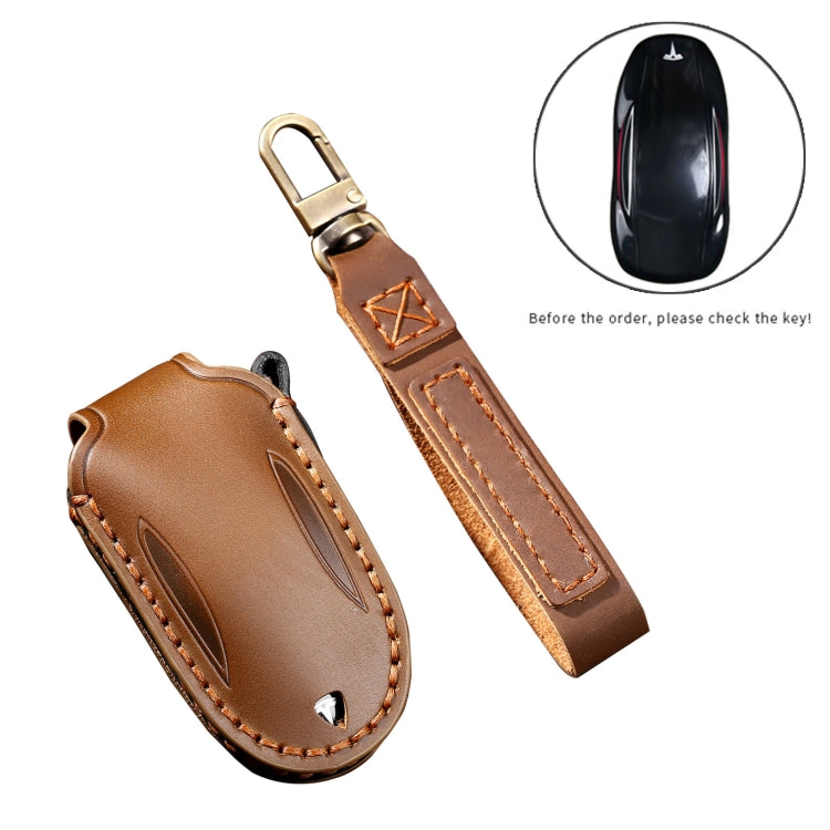 Hallmo Car Cowhide Leather Key Protective Cover Key Case for Tesla Model X B Style(Brown) - Car Key Cases by Hallmo | Online Shopping South Africa | PMC Jewellery | Buy Now Pay Later Mobicred