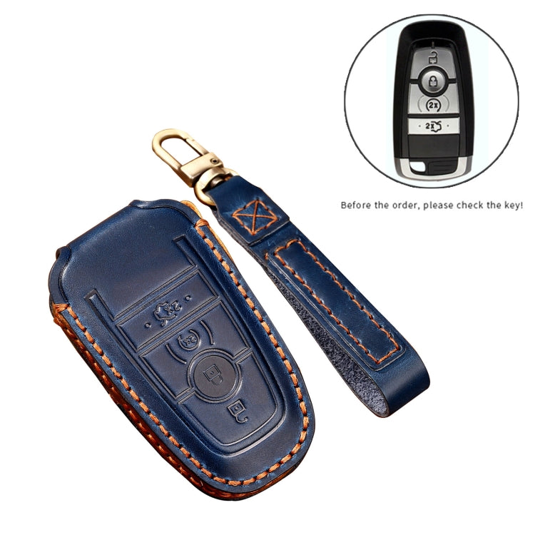 Hallmo Car Cowhide Leather Key Protective Cover Key Case for Ford Focus C Style(Blue) - Car Key Cases by Hallmo | Online Shopping South Africa | PMC Jewellery | Buy Now Pay Later Mobicred