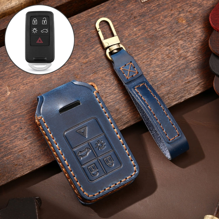 Hallmo Car Cowhide Leather Key Protective Cover Key Case for Volvo 5-button(Blue) - Car Key Cases by Hallmo | Online Shopping South Africa | PMC Jewellery | Buy Now Pay Later Mobicred