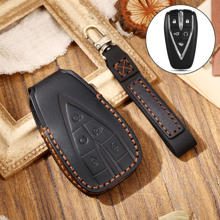 Hallmo Car Cowhide Leather Key Protective Cover Key Case for Changan CS75 Plus(Black) - Car Key Cases by Hallmo | Online Shopping South Africa | PMC Jewellery | Buy Now Pay Later Mobicred