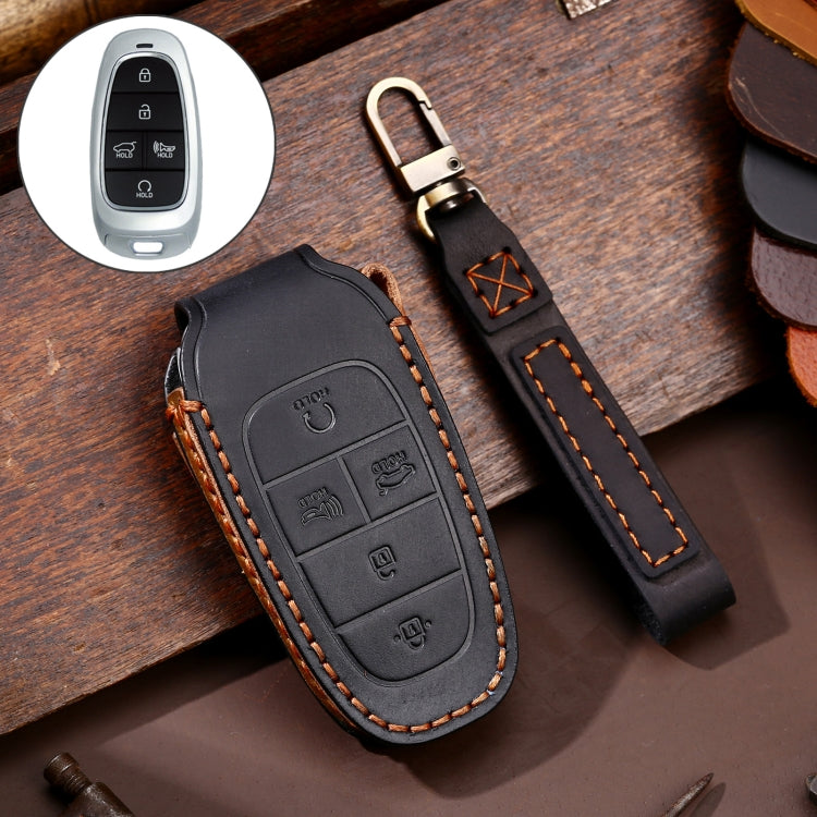 Hallmo Car Cowhide Leather Key Protective Cover Key Case for Hyundai 5-button(Black) - Car Key Cases by Hallmo | Online Shopping South Africa | PMC Jewellery | Buy Now Pay Later Mobicred