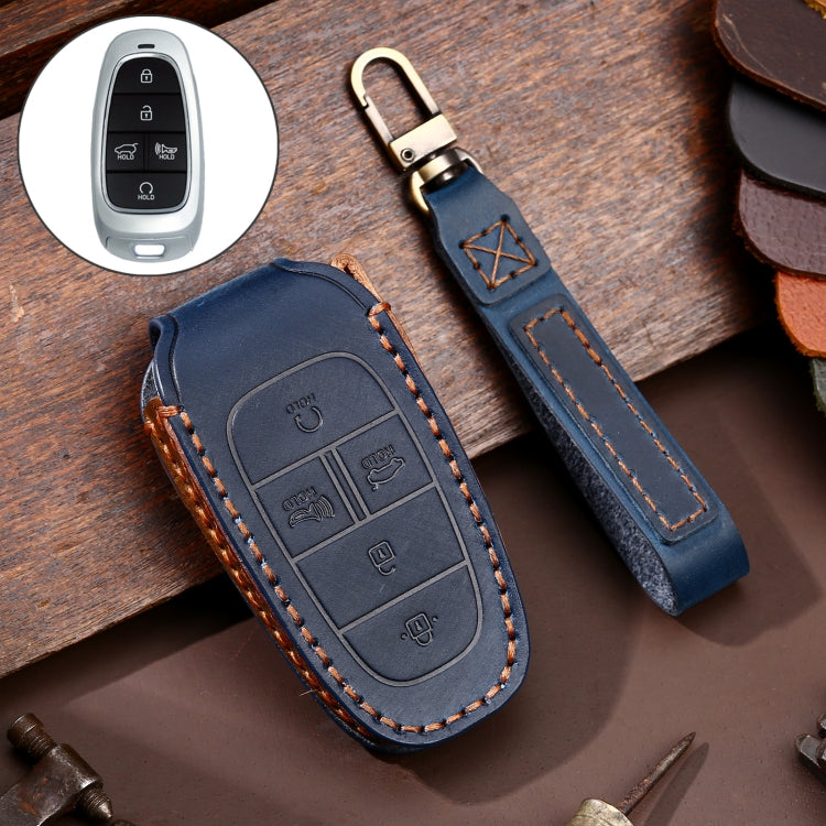 Hallmo Car Cowhide Leather Key Protective Cover Key Case for Hyundai 5-button(Blue) - Car Key Cases by Hallmo | Online Shopping South Africa | PMC Jewellery | Buy Now Pay Later Mobicred