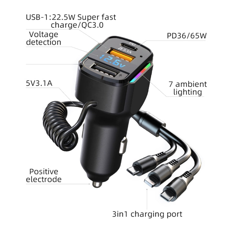 K4 Car 3 in 1 PD + USB Dual Port Fast Charger with Spring Data Cable - Car Charger by PMC Jewellery | Online Shopping South Africa | PMC Jewellery | Buy Now Pay Later Mobicred