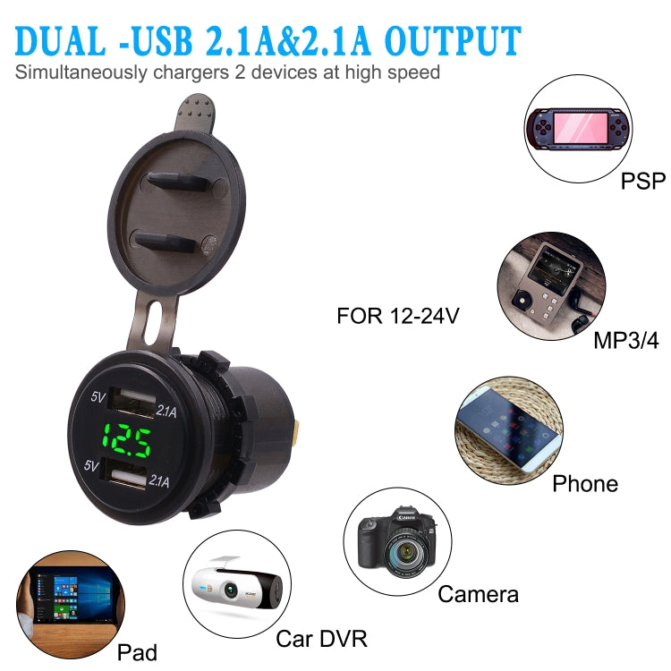 Universal Car Dual Port USB Charger Power Outlet Adapter 4.2A 5V IP66 with LED Digital Voltmeter + 60cm Cable(Green Light) - DIY Modified Charger by PMC TechLife | Online Shopping South Africa | PMC TechLife | Buy Now Pay Later Mobicred