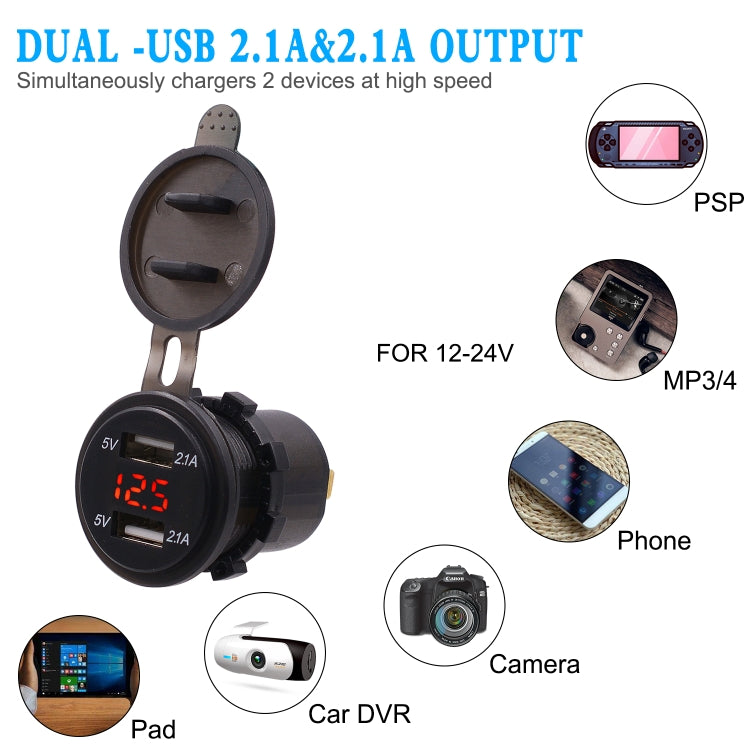 Universal Car Dual Port USB Charger Power Outlet Adapter 4.2A 5V IP66 with LED Digital Voltmeter + 60cm Cable(Red Light) - DIY Modified Charger by PMC TechLife | Online Shopping South Africa | PMC TechLife | Buy Now Pay Later Mobicred