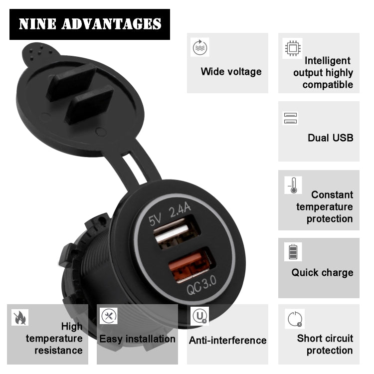 Universal Car QC3.0 Dual Port USB Charger Power Outlet Adapter 5V 2.4A IP66 with 60cm Cable(Red Light) - DIY Modified Charger by PMC TechLife | Online Shopping South Africa | PMC TechLife | Buy Now Pay Later Mobicred