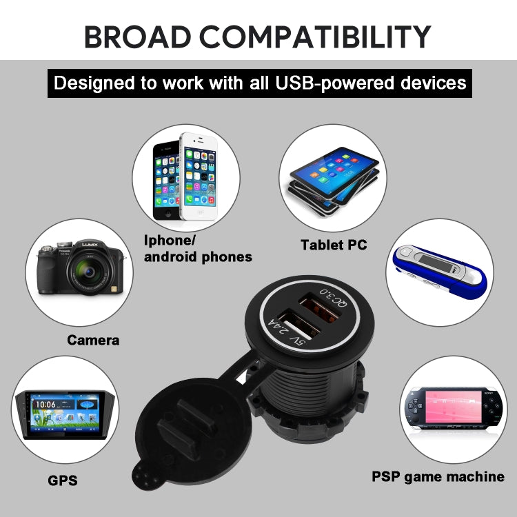 Universal Car QC3.0 Dual Port USB Charger Power Outlet Adapter 5V 2.4A IP66 with 60cm Cable(Red Light) - DIY Modified Charger by PMC TechLife | Online Shopping South Africa | PMC TechLife | Buy Now Pay Later Mobicred