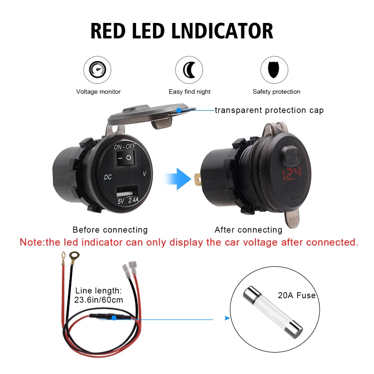 Universal Car Single Port USB Charger Power Outlet Adapter 2.4A 5V IP66 with LED Digital Voltmeter + Switch + 60cm Cable(Red Light) - DIY Modified Charger by PMC Jewellery | Online Shopping South Africa | PMC Jewellery | Buy Now Pay Later Mobicred