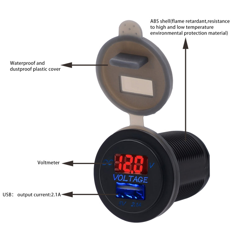 Universal Car Single Port USB Charger Power Outlet Adapter 2.1A 5V IP66 with LED Digital Voltmeter + 60cm Cable(Red Light) - DIY Modified Charger by PMC Jewellery | Online Shopping South Africa | PMC Jewellery | Buy Now Pay Later Mobicred