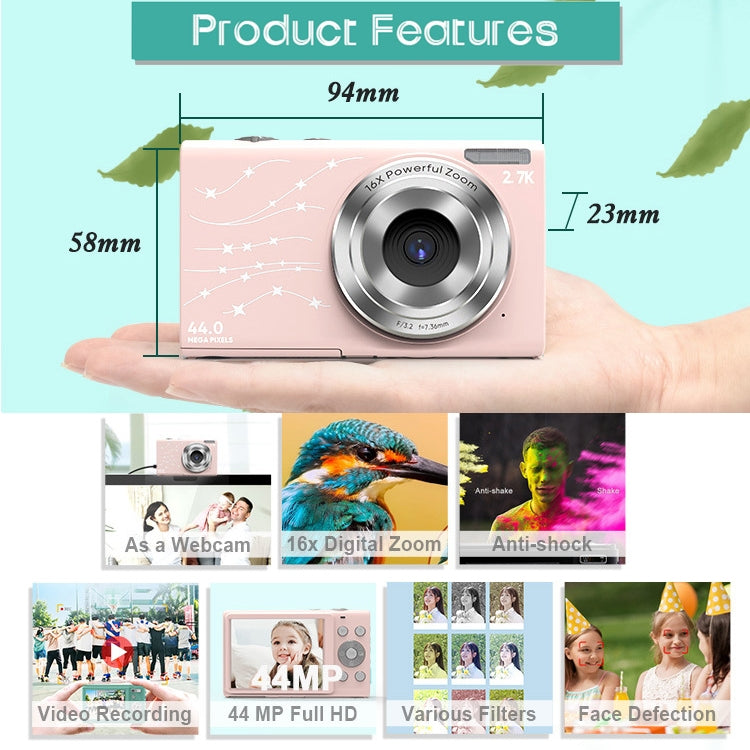 DC402 2.4 inch 44MP 16X Zoom 1080P Full HD Digital Camera Children Card Camera, AU Plug(Pink) - Children Cameras by PMC TechLife | Online Shopping South Africa | PMC TechLife | Buy Now Pay Later Mobicred