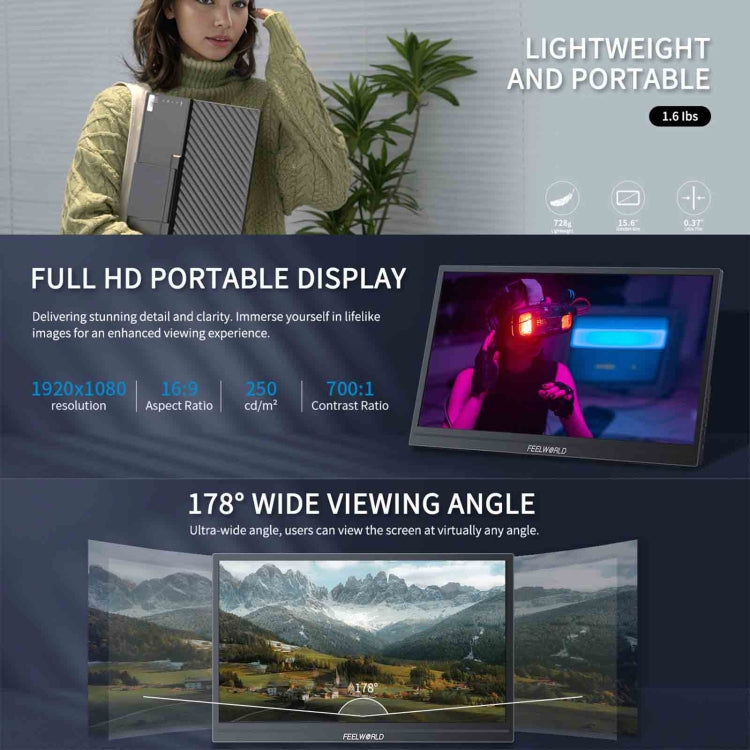 FEELWORLD DH156 15.6 inch Portable External Monitor FHD 1080P USB-C HDMI (Black) - free shipping - PMC TechLife - Order now!