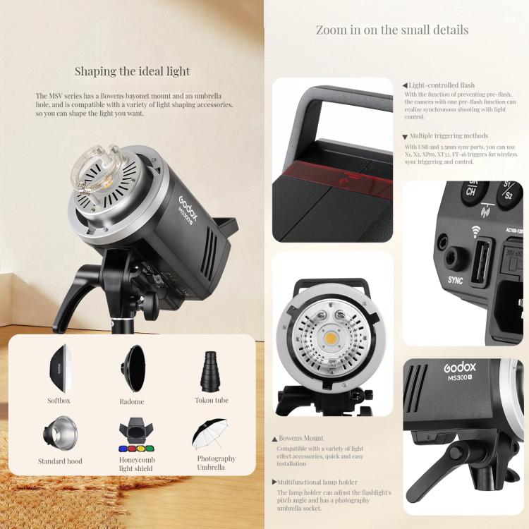 Godox MS300-V Studio Flash Light 300Ws Bowens Mount Strobe Light with Lamp Cover (EU Plug) - free shipping - PMC TechLife - Order now!