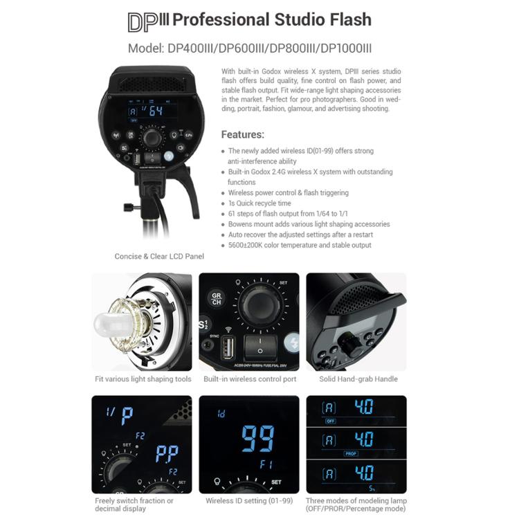 Godox DP400III Studio Flash Photo Light 400Ws 2.4G Wireless X System Bowens Mount Strobe Light, No Lamp Cover (US Plug) - free shipping - PMC TechLife - Order now!