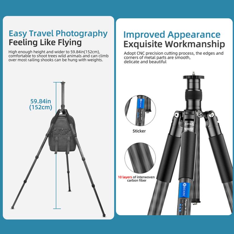 BEXIN W-334C Portable DSLR Camera 2 in 1 Carbon Fiber Tripod Detachable Monopod (Black) - free shipping - PMC TechLife - Order now!