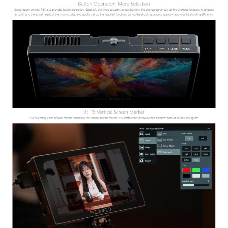 FEELWORLD P6X 5.5 inch Aluminium DSLR Camera Field Monitor Touch Screen 4K HDMI High Brightness 1000nit Monitor (Black) - free shipping - PMC TechLife - Order now!