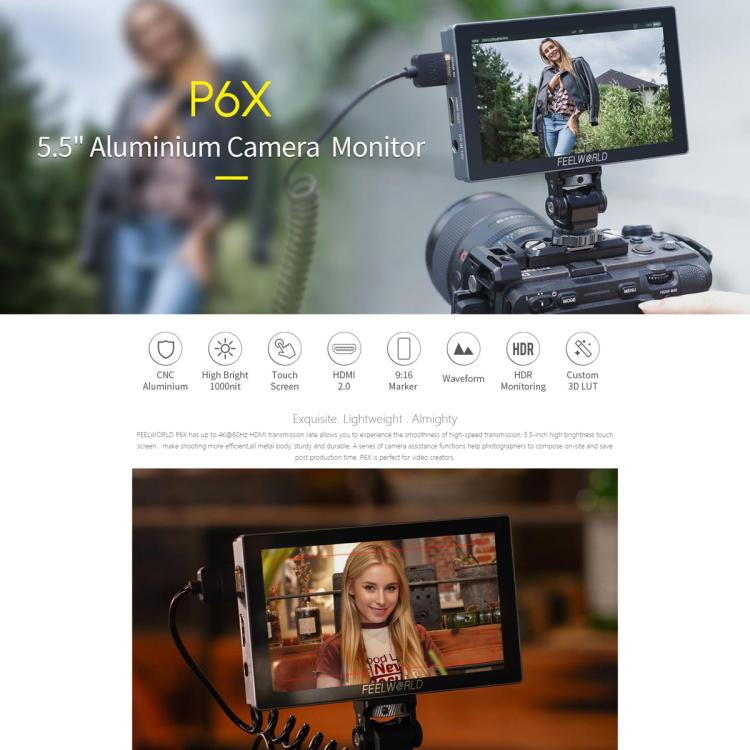 FEELWORLD P6X 5.5 inch Aluminium DSLR Camera Field Monitor Touch Screen 4K HDMI High Brightness 1000nit Monitor (Black) - free shipping - PMC TechLife - Order now!