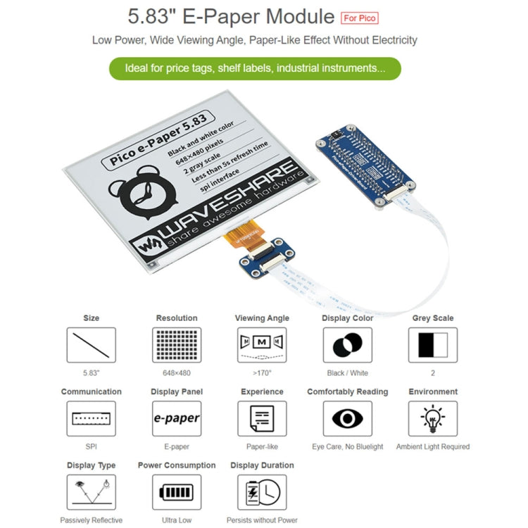 Waveshare 5.83 inch 648x480 Pixel Black White E-Paper E-Ink Display Module for Raspberry Pi Pico, SPI Interface - free shipping - PMC Jewellery - Order now!