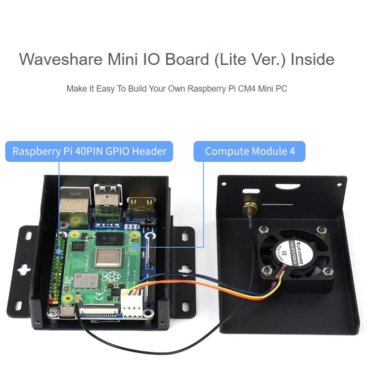 Waveshare Mini IO Board Lite Ver Mini-Computer Base Box with Metal Case & Cooling Fan for Raspberry Pi CM4(US Plug) - Mini PC Accessories by WAVESHARE | Online Shopping South Africa | PMC Jewellery | Buy Now Pay Later Mobicred