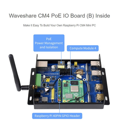 Waveshare PoE Mini-Computer Type B Base Box with Metal Case & Cooling Fan for Raspberry Pi CM4(EU Plug) - Mini PC Accessories by WAVESHARE | Online Shopping South Africa | PMC Jewellery | Buy Now Pay Later Mobicred