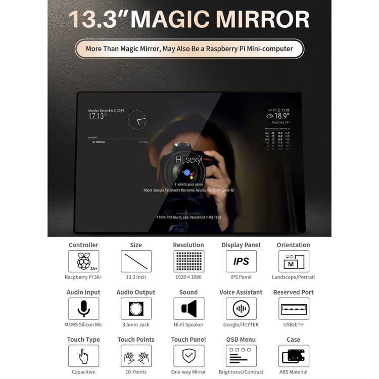 Waveshare 13.3 inch Magic Mirror, Voice Assistant, Touch Control(EU Plug) - free shipping - PMC Jewellery - Order now!