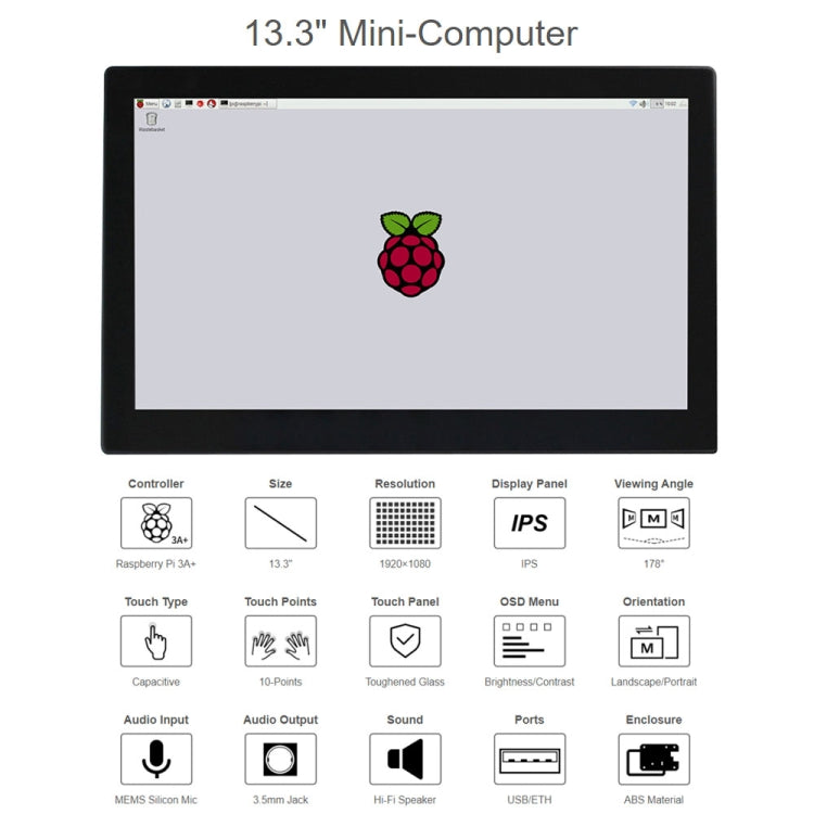 Waveshare 13.3 inch Mini-Computer Powered by Raspberry Pi 3A+, HD Touch Screen(UK Plug) - free shipping - PMC Jewellery - Order now!