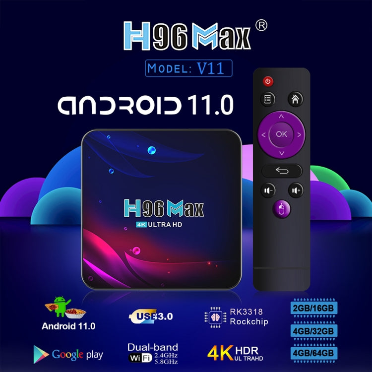 H96 Max V11 4K Smart TV BOX Android 11.0 Media Player with Remote Control, RK3318 Quad-Core 64bit Cortex-A53, RAM: 2GB, ROM: 16GB, Support Dual Band WiFi, Bluetooth, Ethernet, US Plug - RK3318 by PMC TechLife | Online Shopping South Africa | PMC TechLife | Buy Now Pay Later Mobicred