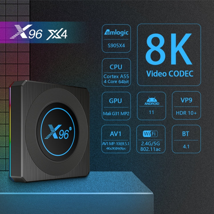 X96 X4 8K Smart TV BOX Android 11.0 Media Player with Remote Control, Amlogic S905X4 Quad Core ARM Cortex A55, RAM: 4GB, ROM: 64GB, Support 100M, Dual Band WiFi, Bluetooth, AU Plug - Amlogic S905 by PMC TechLife | Online Shopping South Africa | PMC TechLife | Buy Now Pay Later Mobicred