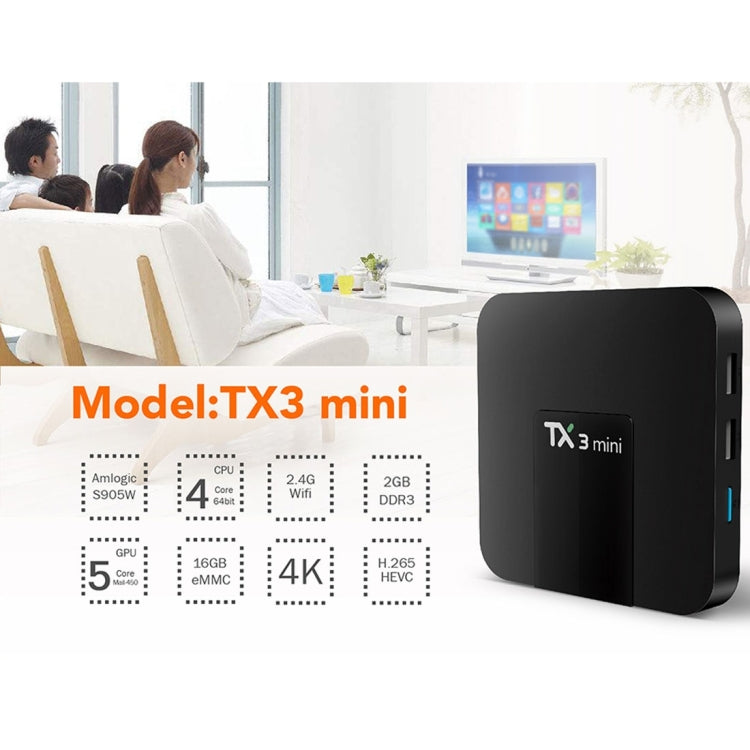 TX3 Mini 4K*2K Display HD Smart TV BOX Player with Remote Controller, Android 7.1 OS Amlogic S905W up to 2.0 GHz, Quad core ARM Cortex-A53, RAM: 2GB DDR3, ROM: 16GB, Supports WiFi & TF & AV In & DC In, US Plug(Black) - Amlogic S905 by PMC Jewellery | Online Shopping South Africa | PMC Jewellery | Buy Now Pay Later Mobicred