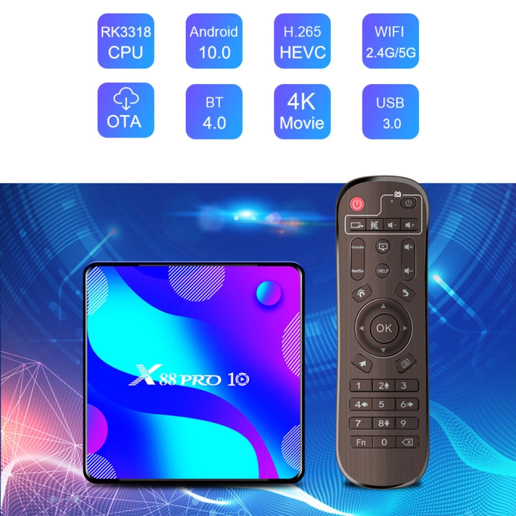 X88 Pro 10 4K Ultra HD Android TV Box with Remote Controller, Android 10.0, RK3318 Quad-Core 64bit Cortex-A53, 4GB+128GB, Support Bluetooth / Dual-Band WiFi / TF Card / USB / AV / Ethernet(AU Plug) - RK3318 by PMC Jewellery | Online Shopping South Africa | PMC Jewellery | Buy Now Pay Later Mobicred