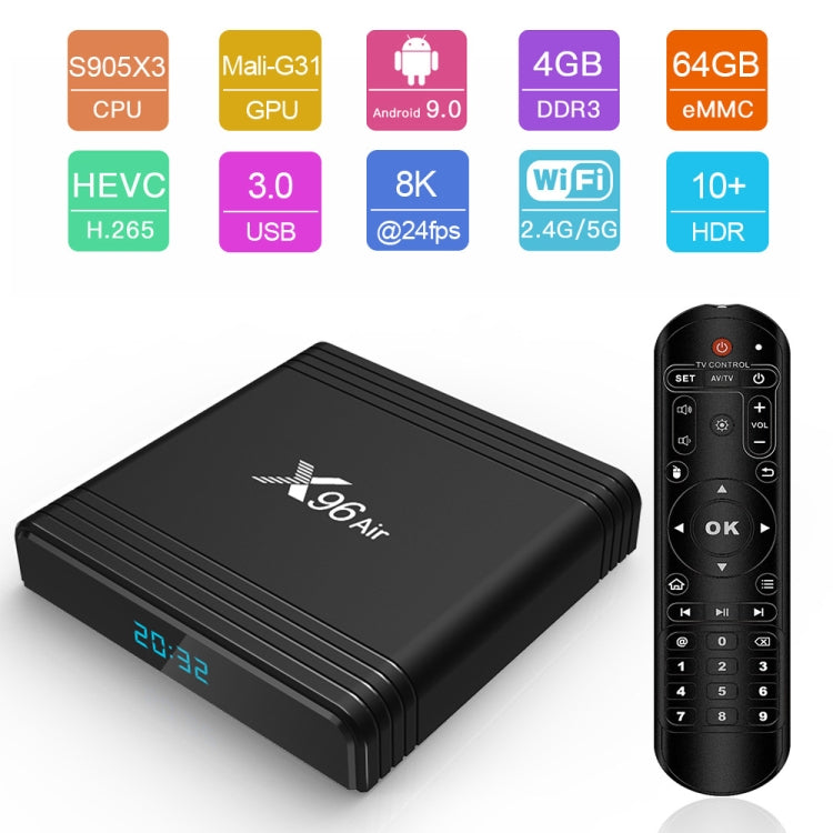 X96 Air 8K Smart TV BOX Android 9.0 Media Player with Remote Control, Quad-core Amlogic S905X3, RAM: 4GB, ROM: 32GB, Dual Band WiFi, Bluetooth, US Plug - Amlogic S905 by PMC TechLife | Online Shopping South Africa | PMC TechLife | Buy Now Pay Later Mobicred
