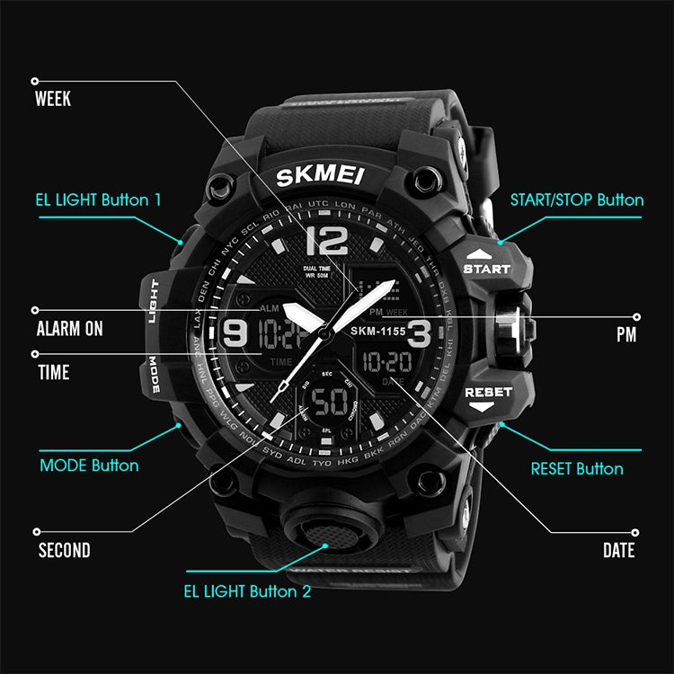 SKMEI 1155B Multifunctional Men Outdoor Sports Noctilucent Waterproof Large Dial Wrist Watch(Black) - free shipping - PMC TechLife - Order now!